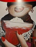 Obraz Akrylowy na Płótnie „Wiśniowa Pokusa” – Kobieta w Czerwonym Kapeluszu 100x120 cm
