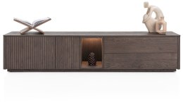 [defekt, od ręki] Szafka RTV / Lowboard TRENTON 210 cm, Fornir Dębowy Kolor Clay, Lamele, Opcja Cokołu lub Nóżek - XOOON