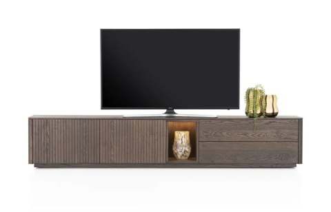 [defekt, od ręki] Nowozesna szafka RTV TRENTON 240 cm, fornir dębowy w kolorze clay, na metalowych nogach, z oświetleniem LED.