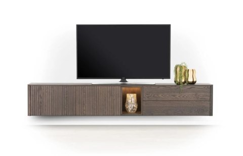 [defekt, od ręki] Nowozesna szafka RTV TRENTON 240 cm, fornir dębowy w kolorze clay, na metalowych nogach, z oświetleniem LED.